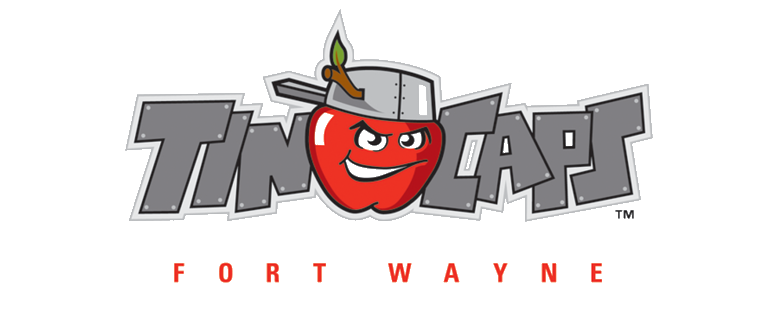 Fort Wayne Tin Caps baseball team logo with angry apple head with tin pot on its head